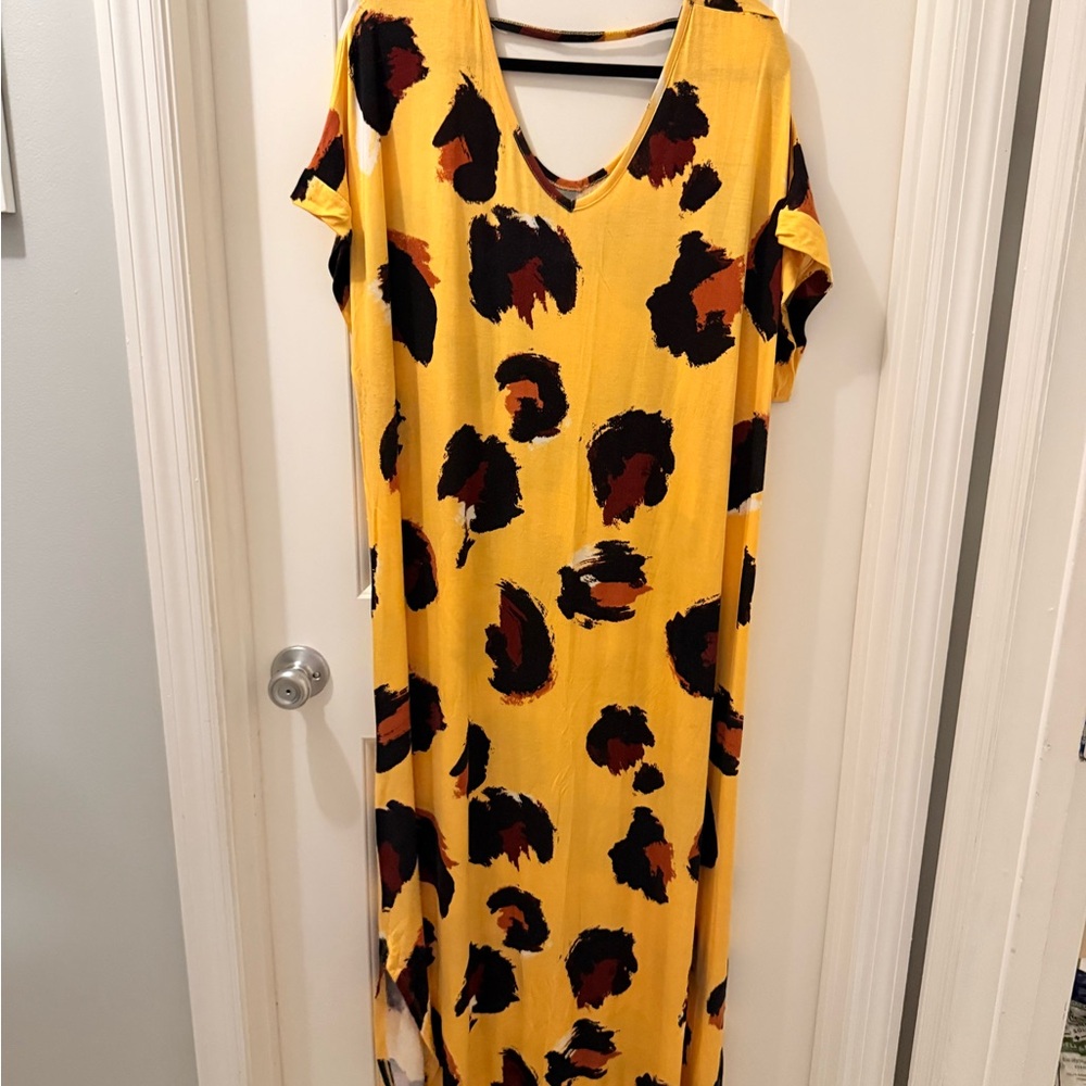 LuLaRoe “Macy” Vibrant Yellow Maxi Dress with Black and Brown Spots